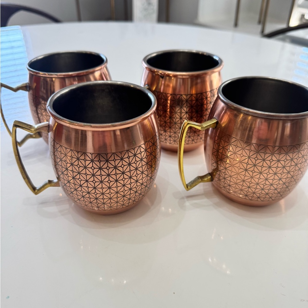 Copper Moscow Mule Mugs Set with Geometric Design set of 4